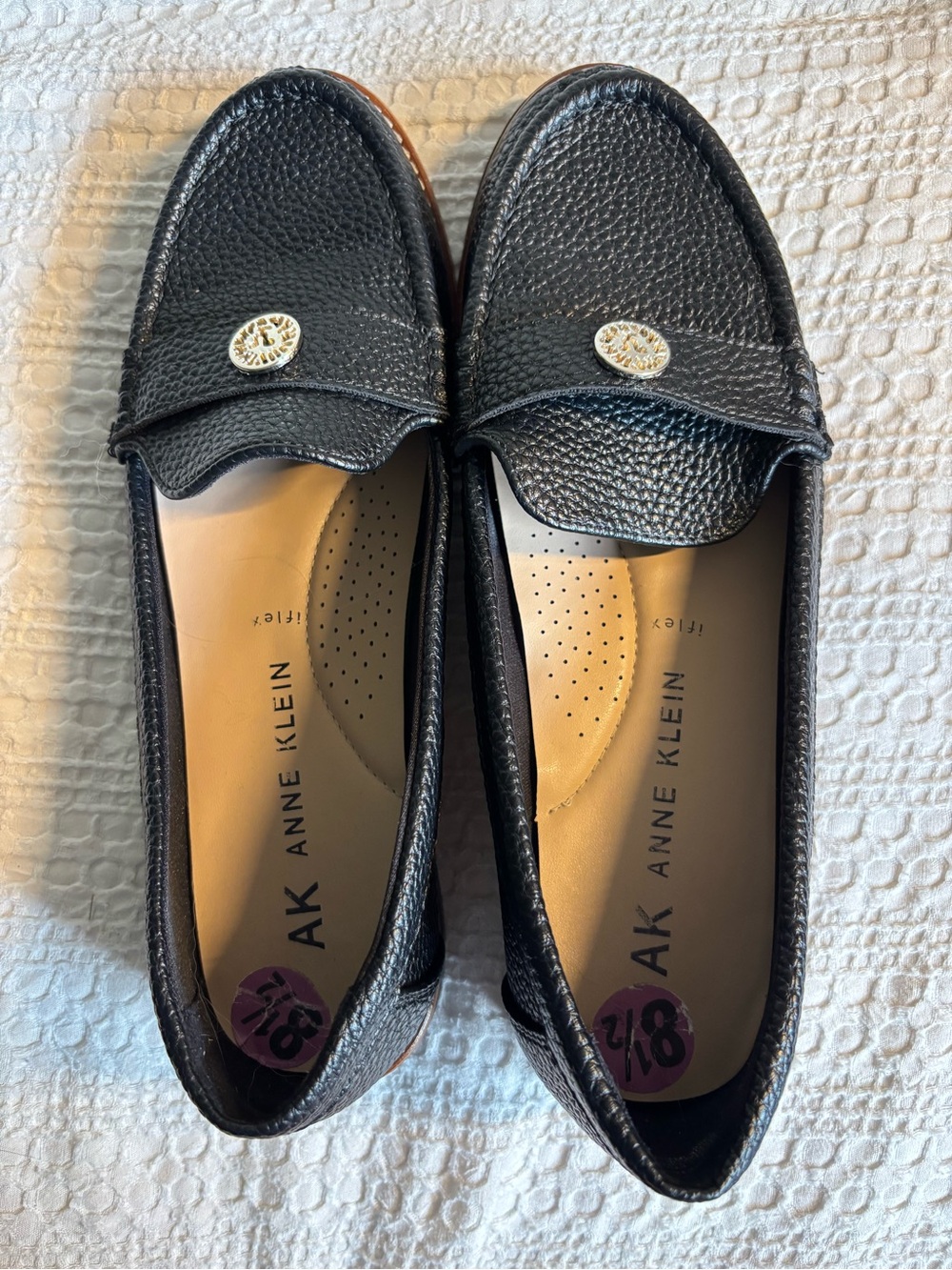 Anne Klein Black Pebbled Leather Penny Loafers with Gold Emblem - Picture 2 of 5